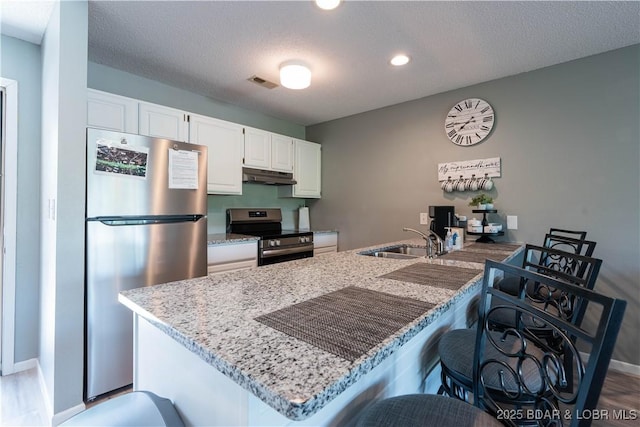 139 Barba Le Ln Unit 2D, Lake Ozark, MO 65049 - kitchen featuring stainless steel appliances, a sink, a peninsula, a breakfast bar area, and under cabinet range hood