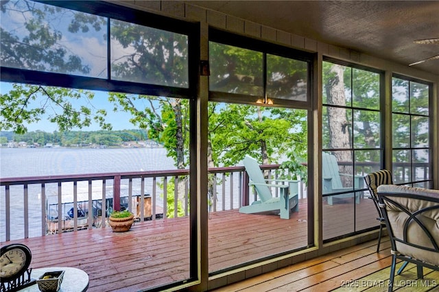 entryway with a water view, wood-type flooring, and healthy amount of natural light