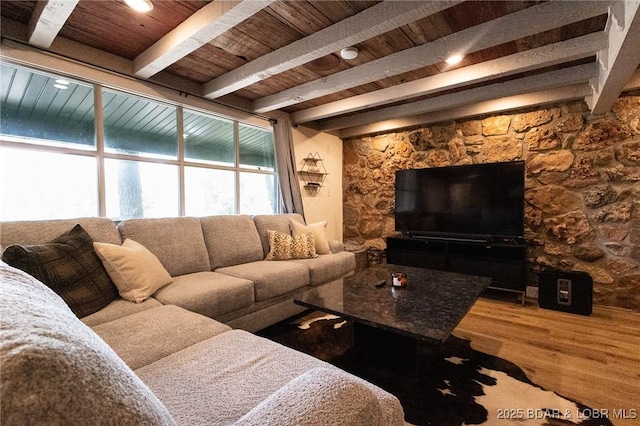 6076 Sioux Trl, Osage Beach, MO 65065 - living room with beam ceiling, wood finished floors, and wooden ceiling