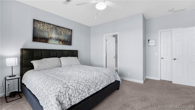 carpeted bedroom with baseboards and a ceiling fan