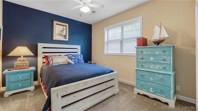 bedroom featuring carpet, baseboards, and ceiling fan