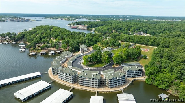 bird's eye view of a nearby body of water and a forest