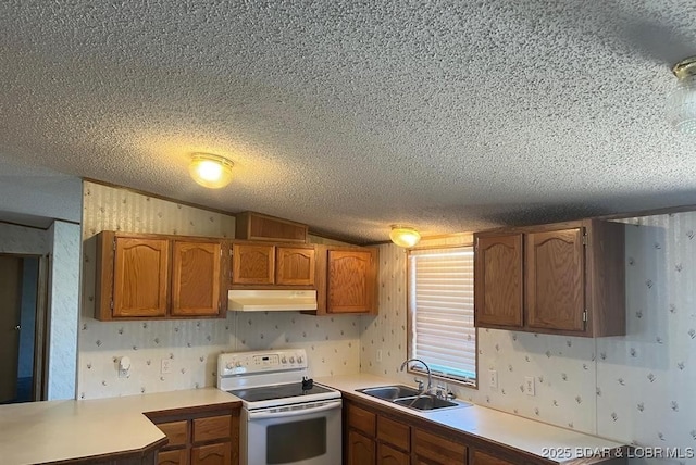 20877 Twin Hills Dr, Warsaw, MO 65355 - kitchen with electric stove, a sink, under cabinet range hood, wallpapered walls, and light countertops