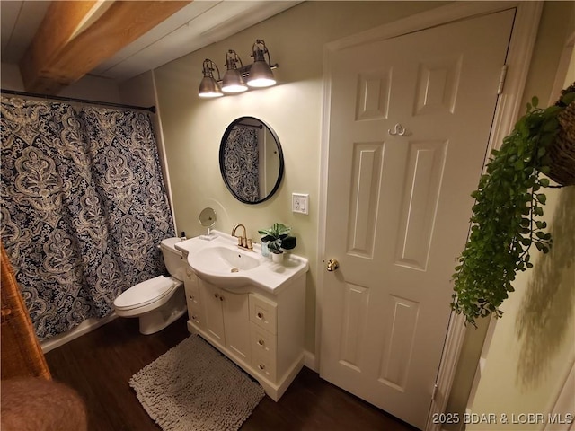 bathroom with wood finished floors, vanity, toilet, and curtained shower