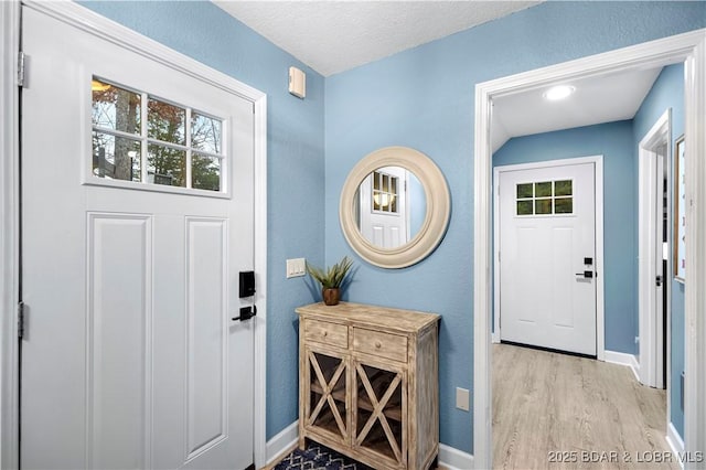 foyer entrance with light wood finished floors, healthy amount of natural light, and baseboards