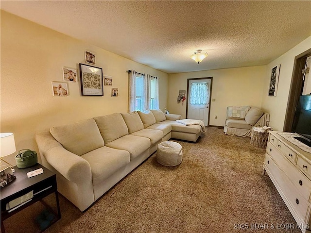 carpeted living area with a textured ceiling