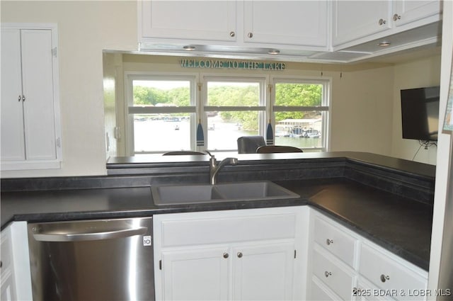 kitchen featuring stainless steel dishwasher, a sink, dark countertops, and white cabinetry