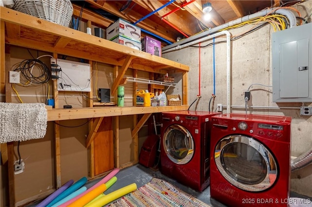 clothes washing area featuring electric panel and washer and clothes dryer