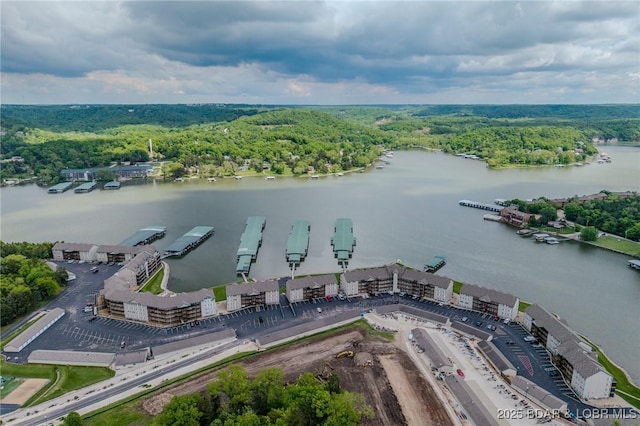 aerial view of a nearby body of water and a forest