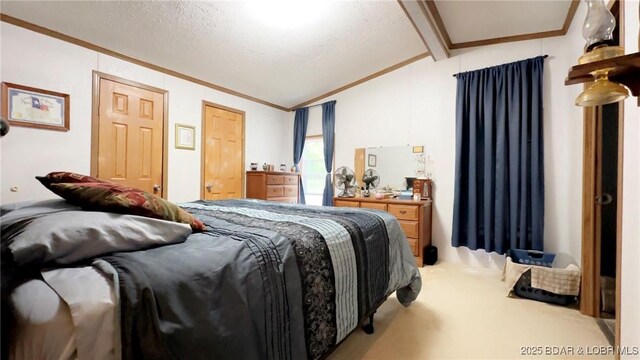 29745 Canary Rd, Gravois Mills, MO 65037 - carpeted bedroom featuring crown molding and a textured ceiling