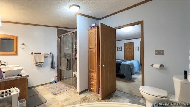29745 Canary Rd, Gravois Mills, MO 65037 - full bath featuring crown molding, toilet, a stall shower, vanity, and a textured ceiling