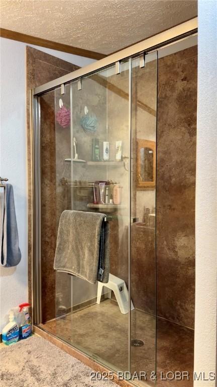 29745 Canary Rd, Gravois Mills, MO 65037 - full bathroom with a textured ceiling and a stall shower
