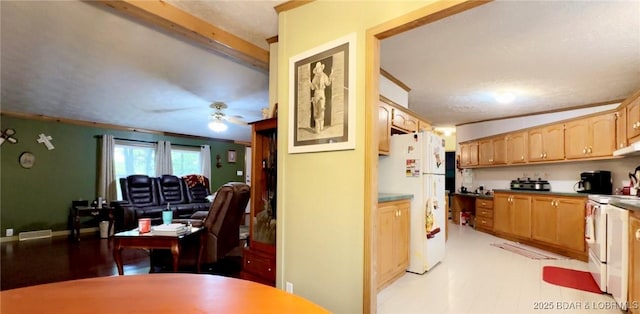 29745 Canary Rd, Gravois Mills, MO 65037 - kitchen with white appliances, open floor plan, a ceiling fan, and under cabinet range hood