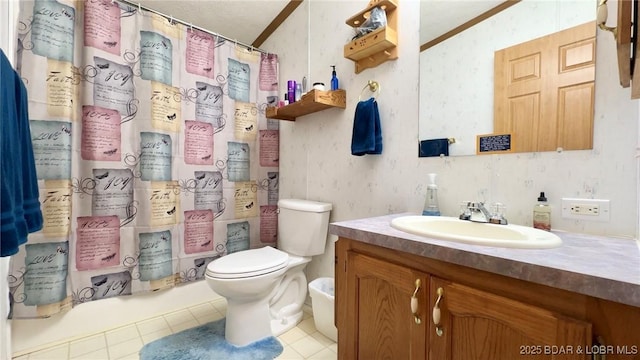 29745 Canary Rd, Gravois Mills, MO 65037 - bathroom with ornamental molding, toilet, wallpapered walls, tile patterned floors, and vanity
