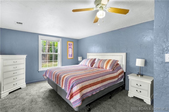 35 Teak Village Dr, Lake Ozark, MO 65049 - bedroom with a textured wall, carpet, a ceiling fan, and baseboards