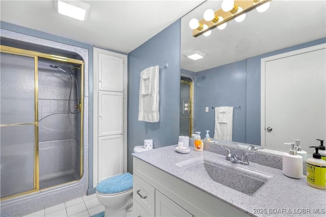 35 Teak Village Dr, Lake Ozark, MO 65049 - full bath with a stall shower, vanity, toilet, and tile patterned floors