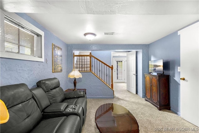 35 Teak Village Dr, Lake Ozark, MO 65049 - living room featuring carpet flooring, stairway, plenty of natural light, and baseboards