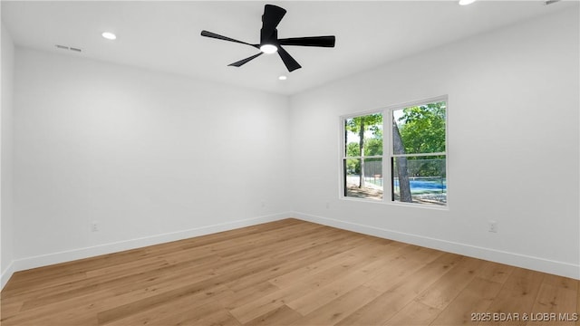 unfurnished room with light wood-style flooring, recessed lighting, baseboards, and ceiling fan
