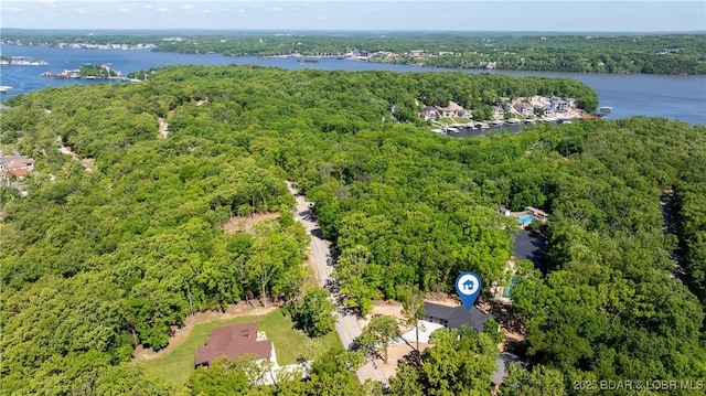 bird's eye view of a heavily wooded area and a nearby body of water