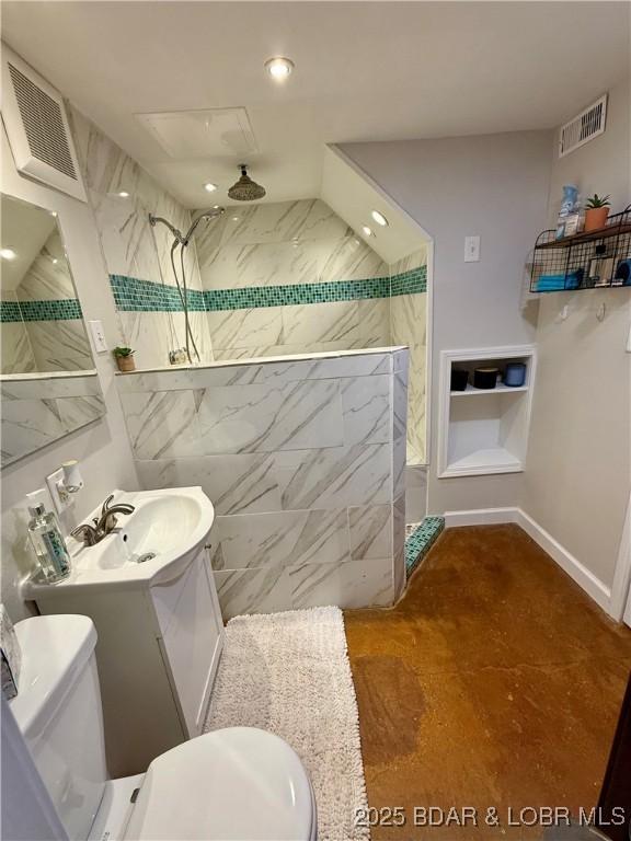 full bath with toilet, walk in shower, vanity, and recessed lighting