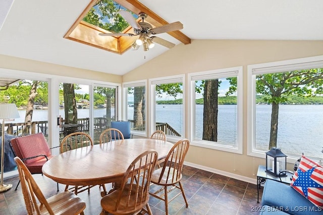 sunroom with healthy amount of natural light and a water view
