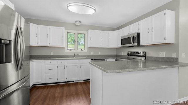 kitchen with stainless steel appliances, a peninsula, white cabinetry, dark wood-style floors, and a sink
