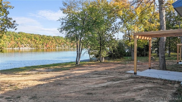 view of yard featuring a water view and a view of trees