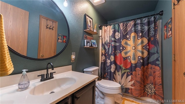 26505 Mesa Dr, Rocky Mount, MO 65072 - bathroom featuring a textured wall, toilet, vanity, and curtained shower
