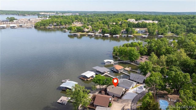 bird's eye view of a large body of water and a heavily wooded area