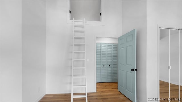 interior space featuring wood finished floors and a high ceiling