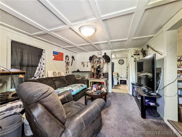 carpeted living area featuring coffered ceiling