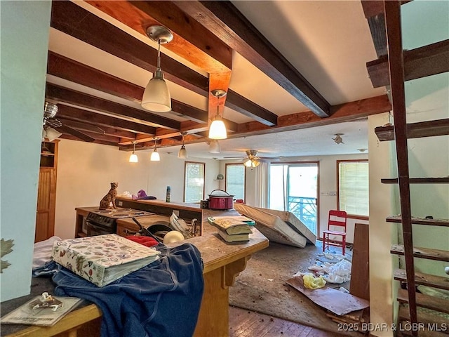 interior space with ceiling fan, beam ceiling, and hardwood / wood-style floors