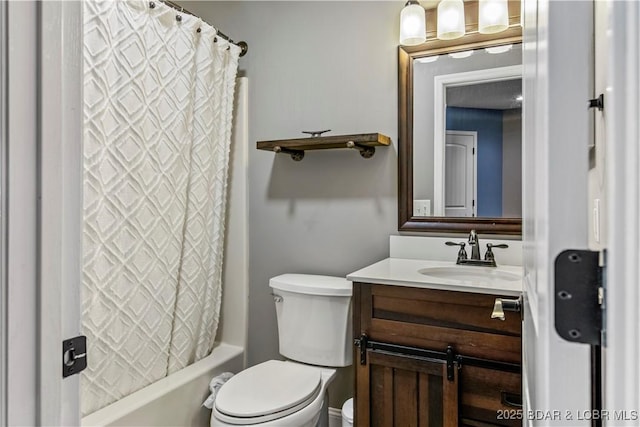 bathroom with toilet, vanity, and shower / tub combo with curtain