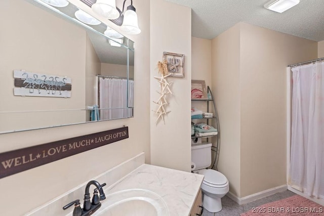 33367 Emerald Rd, Sunrise Beach, MO 65079 - full bathroom featuring vanity, a shower with shower curtain, and a textured ceiling