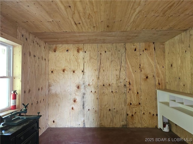 interior space with wood walls, wooden ceiling, and concrete floors