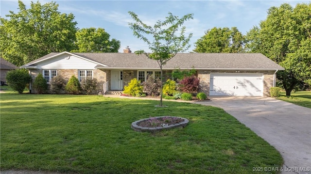 907 Sunnyview Cir, Eldon, MO 65026 - ranch-style home featuring brick siding, a chimney, concrete driveway, and a garage