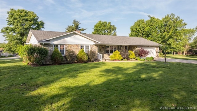 907 Sunnyview Cir, Eldon, MO 65026 - ranch-style house featuring a garage, concrete driveway, a front yard, a chimney, and brick siding
