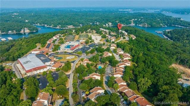 aerial overview of property's location with a heavily wooded area and a nearby body of water