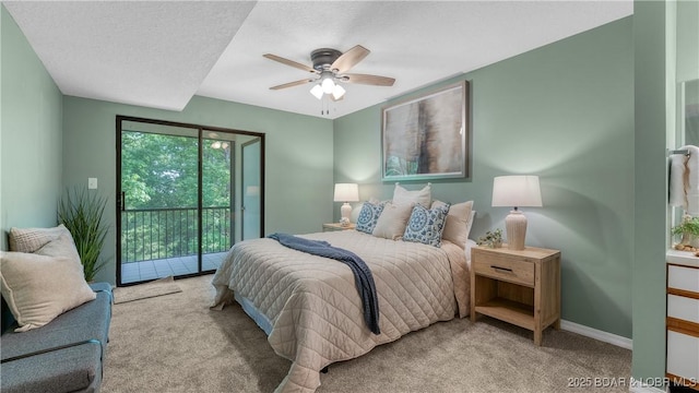 bedroom with carpet floors, access to outside, a ceiling fan, a textured ceiling, and baseboards