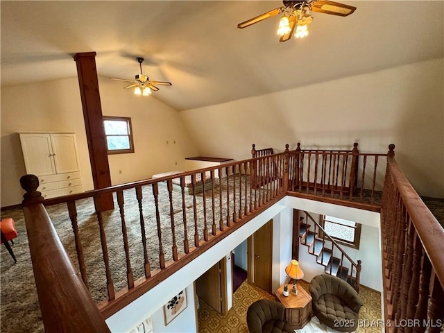 30020 Cool Valley Dr, Rocky Mount, MO 65072 - stairway featuring ceiling fan and vaulted ceiling