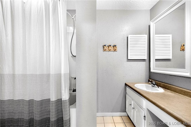 full bath with tile patterned flooring, vanity, shower / bath combination with curtain, and baseboards
