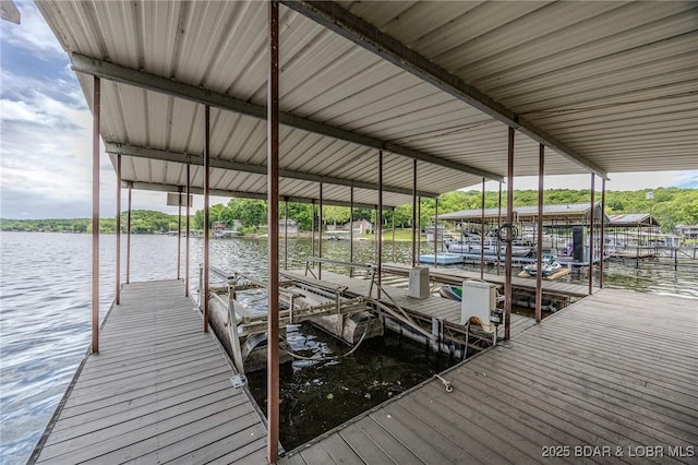 dock with boat lift and a water view