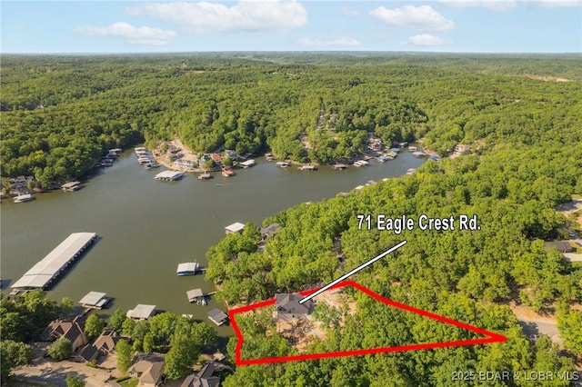 aerial view of property and surrounding area featuring a forest, property boundaries highlighted, and a nearby body of water