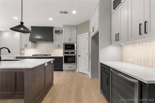 kitchen with appliances with stainless steel finishes, custom range hood, a sink, light wood-style flooring, and decorative backsplash
