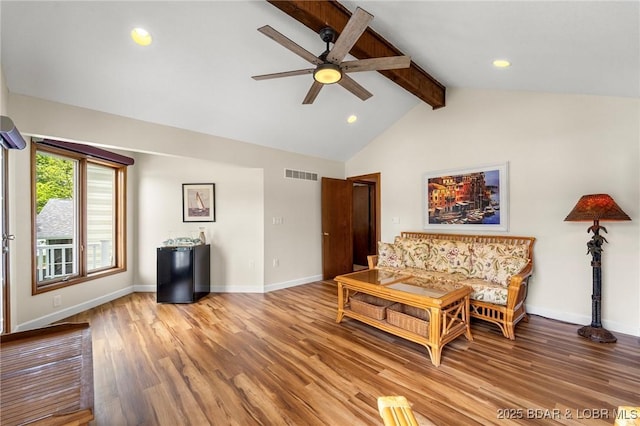 living room with ceiling fan, wood finished floors, baseboards, and recessed lighting
