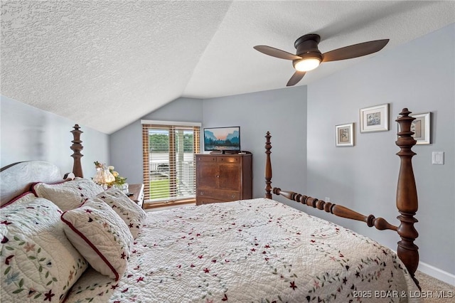 bedroom featuring a textured ceiling, vaulted ceiling, baseboards, a ceiling fan, and carpet