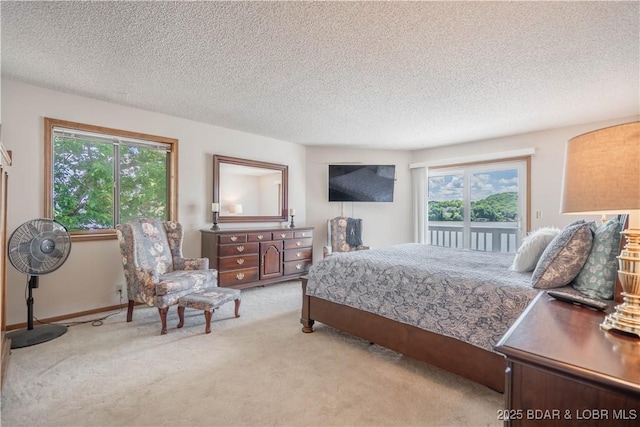 bedroom with carpet, access to outside, baseboards, and a textured ceiling