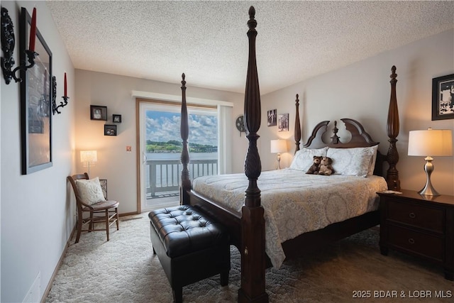 bedroom with access to outside, carpet flooring, a textured ceiling, and baseboards