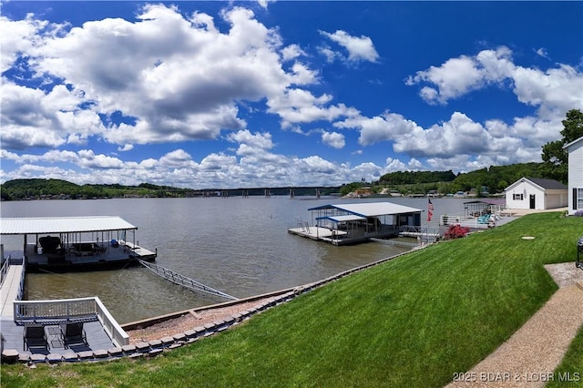 dock with a water view and a lawn
