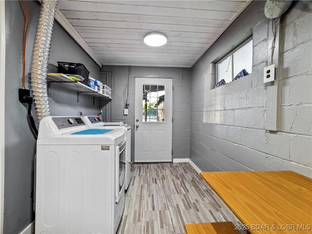 laundry area featuring washer and clothes dryer, light wood-style floors, and baseboards